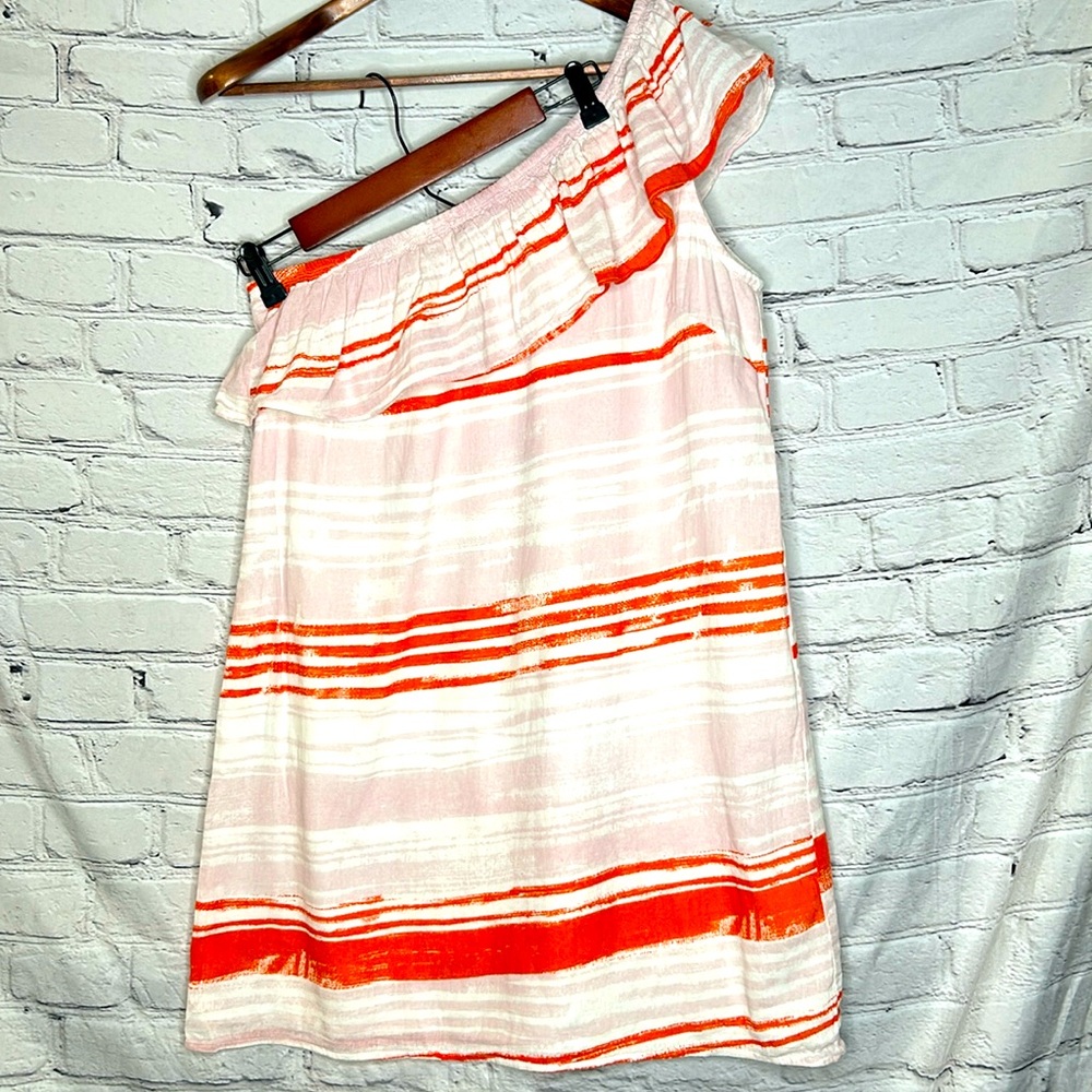 Lilla P Orange White Pink Striped One-Shoulder Ruffle Cotton Dress Size Large